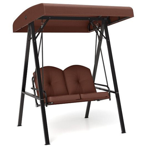 2-Person Outdoor Porch Swing with A-Shaped Metal Stand and Adjustable Canopy-Brown - Color: Brown D681-NP12258CF 2-Person Outdoor Porch Swing with A-Shaped Metal Stand and Adjustable Canopy-Brown - Color: Brown D681-NP12258CF