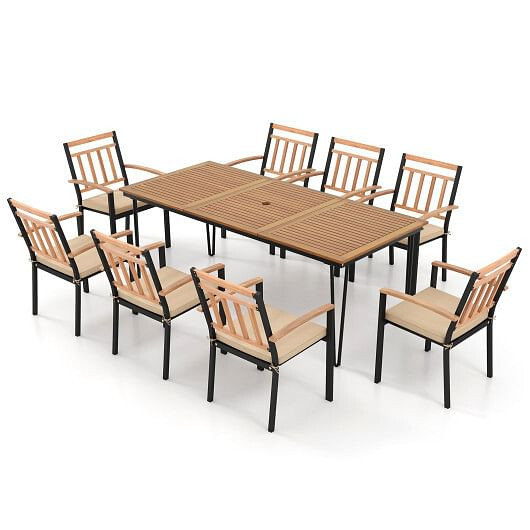9-Piece Patio Dining Set 35.5 Inch Acacia Wood Table with Umbrella Hole and 24-Inch Wide Chairs - C D681-HW71586+4*HW72102