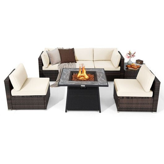 7 Pieces Patio Furniture Set with 35 Inches 50000 BTU Propane Gas Fire Pit Table and Waterproof Cov D681-NP10262DK+HW67937WHA+