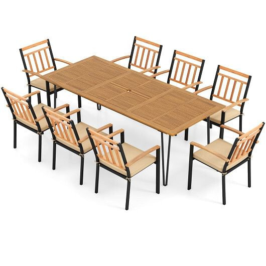 9 Pieces Patio Dining Outdoor Furniture Set with 8 Chairs and Umbrella Hole - Color: Natural D681-HW72245+4*HW72102