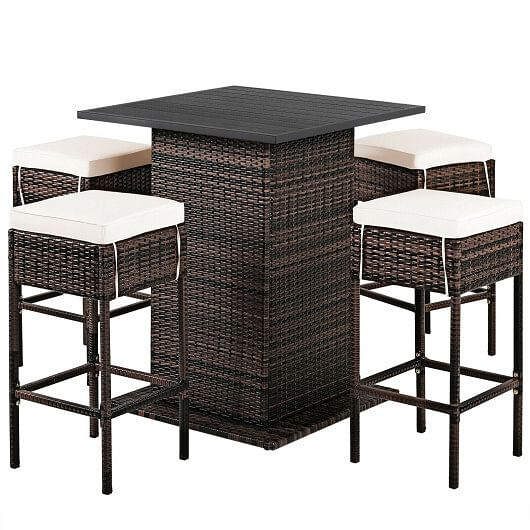 5 Pieces Patio Rattan Bar Table Stool Set Hidden Storage Shelf Cushioned-White - Color: White D681-HW68244WHA+