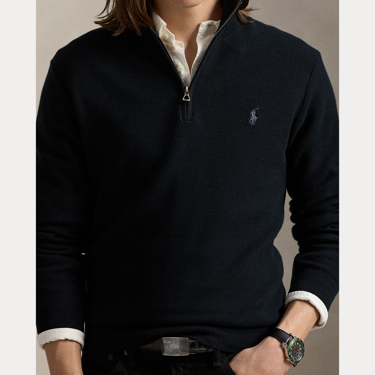 MESH-KNIT COTTON QUARTER-ZIP SWEATER -BLACK - Signature Menswear