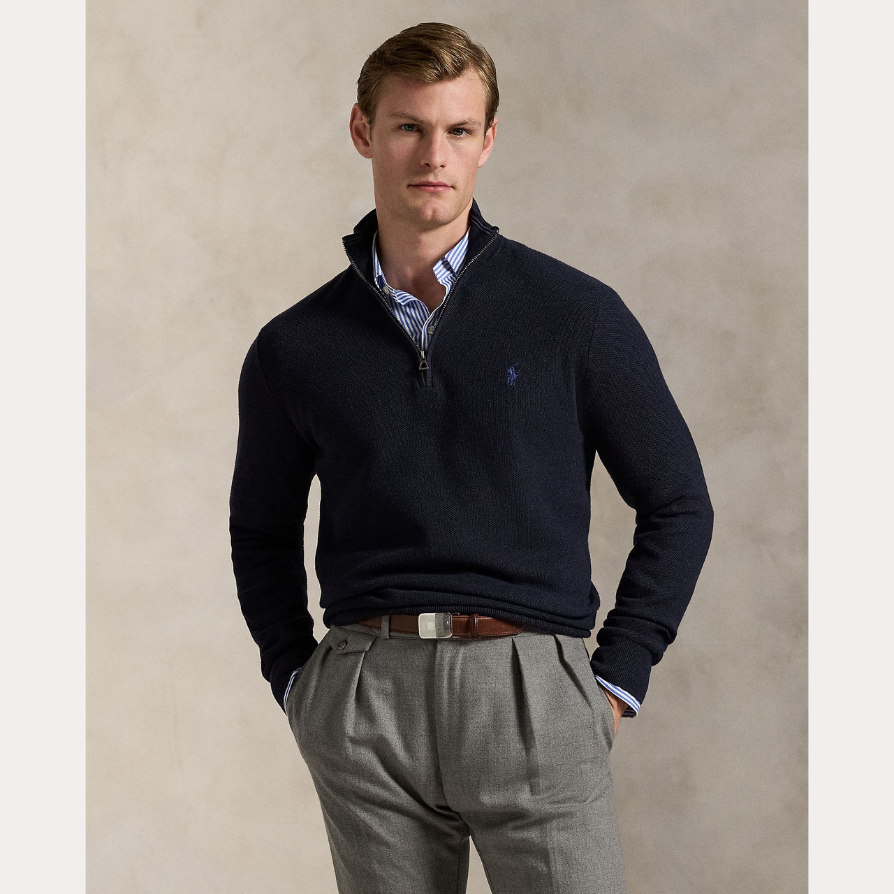 MESH-KNIT COTTON QUARTER-ZIP SWEATER -NAVY HTR - Signature Menswear