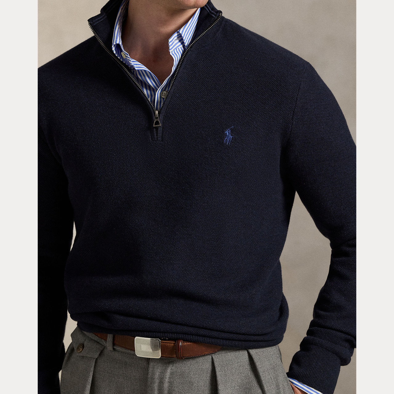 新品 JOURNAL STANDARD Henry Mesh Knit MESH-KNIT COTTON QUARTER-ZIP SWEATER -NAVY HTR - Signature Menswear
