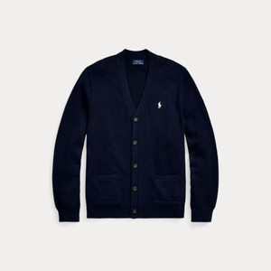 COTTON V-NECK CARDIGAN-NAVY/WHITE