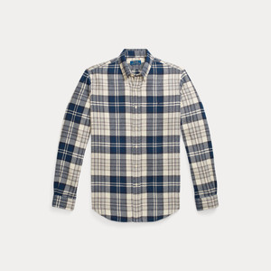 CUSTOM FIT PLAID BRUSHED FLANNEL SHIRT-WHITE/NAVY