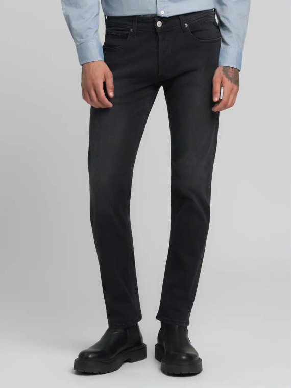 Front of Replay Charcoal Power Stretch denim jeans