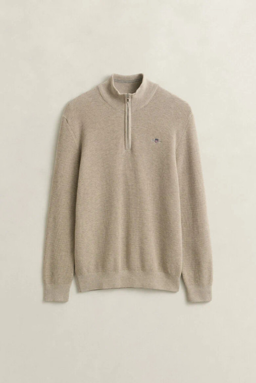 Oat Melange GANT Textured Cotton Half Zip Sweater
