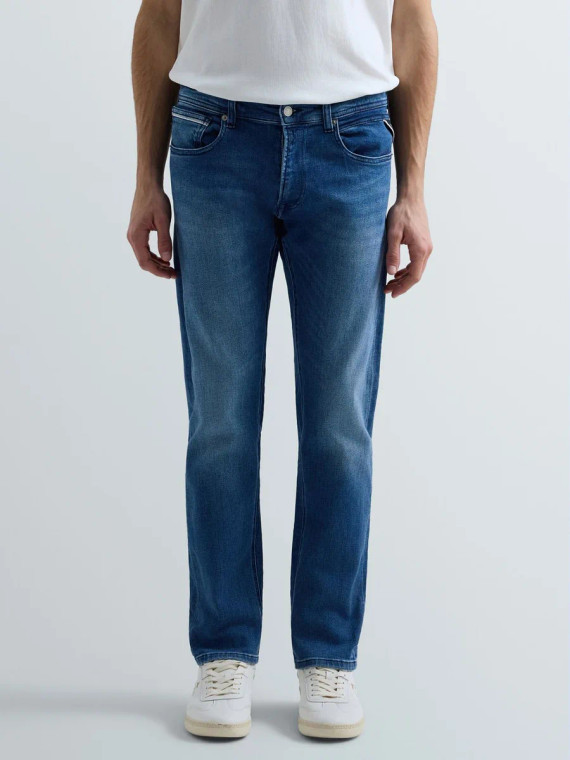 Front of Replay Power Stretch Denim in light blue