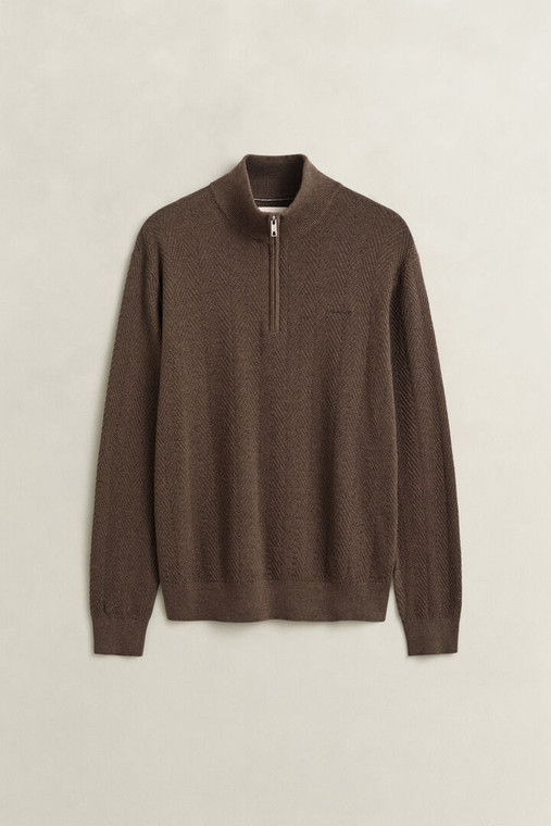 HERRINGBONE TEXTURE HALF ZIP-BROWN MEL