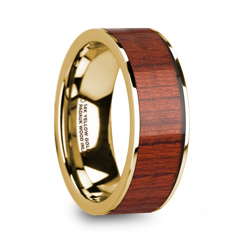 Dokela Padauk Wood Inlay 14k Yellow Gold Flat Wedding Band at Rotunda Jewelers
