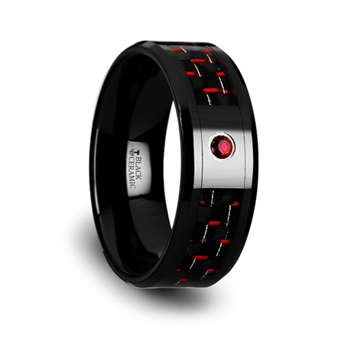 Rorippa Black Ceramic Band with Black & Red Carbon Fiber Inlay & Red Ruby at Rotunda Jewelers