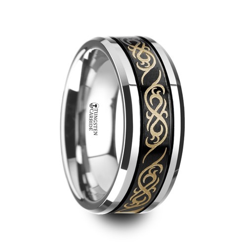 Kroustane Black Tungsten Carbide Wedding Band with Offset Grooves and Laser Engraved Celtic Pattern at Rotunda Jewelers