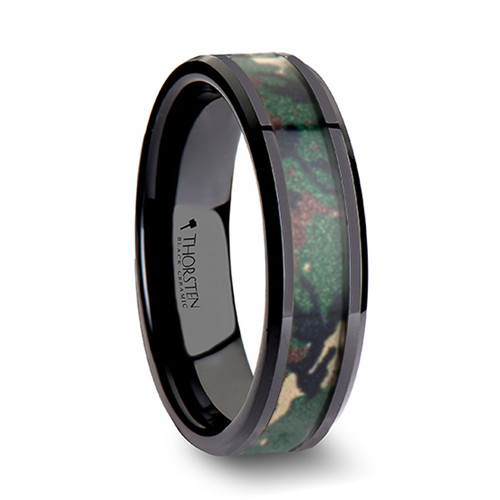 Cap Black Ceramic Wedding Band with Real Military Style Jungle Camouflage at Rotunda Jewelers