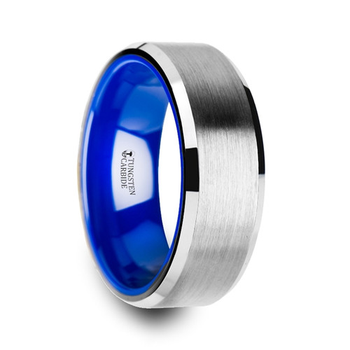 Sweet Tungsten Wedding Band with Brush Center and Blue Inside Color at Rotunda Jewelers