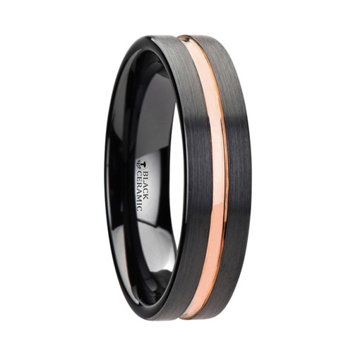 Curiounnecum Black Ceramic Wedding Band With Rose Gold Groove at Rotunda Jewelers