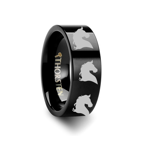 Budalla Horse Head Engraved Flat Black Tungsten Ring at Rotunda Jewelers