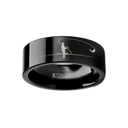 Sorrel Landscape Scene with Fishermen Engraved Flat Black Tungsten Ring at Rotunda Jewelers