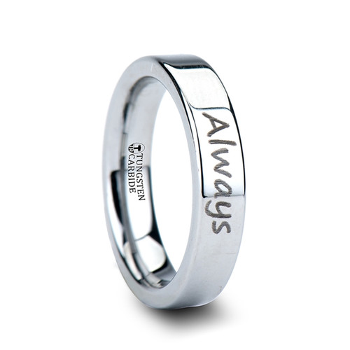 Courionnecum Handwritten Engraved Flat Pipe Cut Polished Tungsten Ring at Rotunda Jewelers