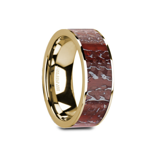 Island Flat Polished 14k Yellow Gold Band with Genuine Red Dinosaur Bone Inlay at Rotunda Jewelers