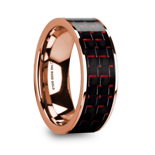 Spice 14k Rose Gold Men's Wedding Band with Black & Red Carbon Fiber Inlay at Rotunda Jewelers