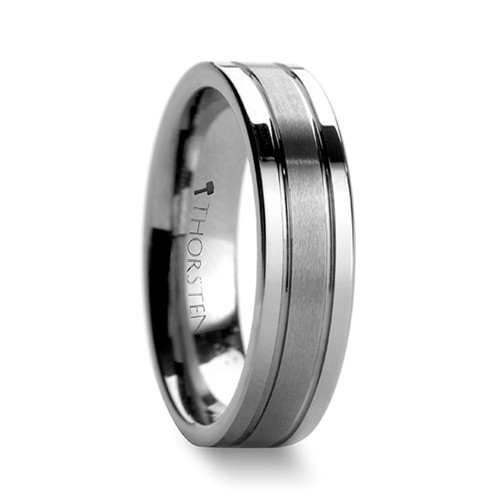 Delphinium Flat Tungsten Carbide Brushed Ring with Grooves at Rotunda Jewelers