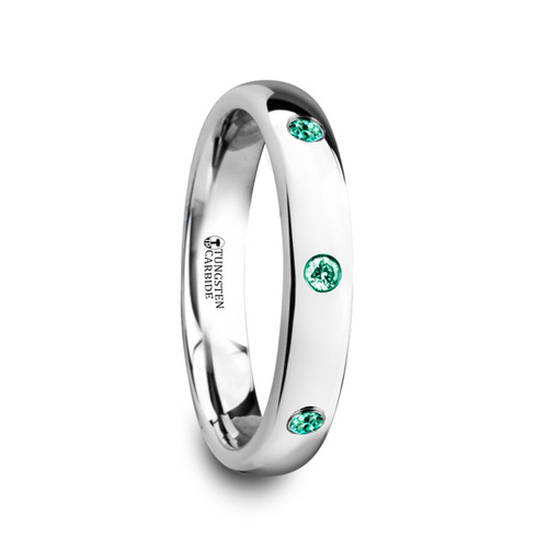 Cazneaux Polished and Domed Tungsten Carbide Wedding Band with 3 Green Emeralds at Rotunda Jewelers