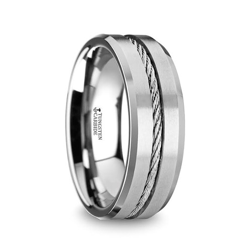 Osier Men's Tungsten Flat Wedding Band with Steel Wire Cable Inlay at Rotunda Jewelers