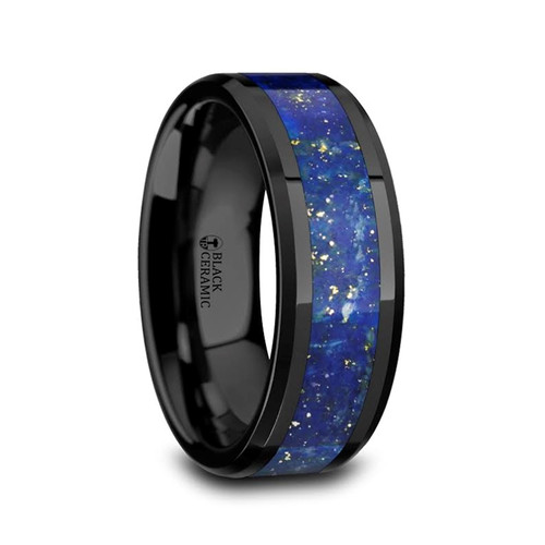 Sharpfringed Men's Polished Black Ceramic Wedding Band with Blue Lapis Inlay at Rotunda Jewelers