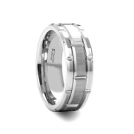 Ipheion Tungsten Carbide Wedding Band with Brushed Center and Alternating Grooves at Rotunda Jewelers