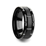 Pegrina Black Tungsten Carbide Wedding Band with Brushed Center and Alternating Grooves at Rotunda Jewelers