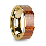 Prairie 14k Yellow Gold Men's Flat Wedding Band with Mahogany Wood Inlay at Rotunda Jewelers