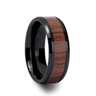 Trumpet Black Ceramic Carbide Band with Bevels and Rosewood Inlay at Rotunda Jewelers