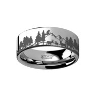 Bur Landscape Scene with Deer and Mountain Range Engraved Flat Tungsten Ring at Rotunda Jewelers