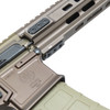 Side view of magwell, MLOK handguard, ambidextrous lower and FDE Magpul magazine on PWS MK114 Alpha Kodiak Brown AR15 rifle