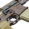 Side view of ejection port, upper receiver, ambidextrous lower and enhanced milspec trigger on PWS MK114 Alpha Kodiak Brown AR15 rifle