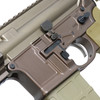 Side view of upper receiver, ambidextrous lower and enhanced milspec trigger on PWS MK114 Alpha Kodiak Brown AR15 rifle
