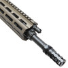 Side view of 3-port flash-reducing compensator (FRC), adjustable gas block and MLOK handguard on PWS MK114 Alpha Kodiak Brown AR15 upper