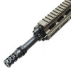 Top view of 3-port flash-reducing compensator (FRC), adjustable gas block and MLOK handguard on PWS MK114 Alpha Kodiak Brown AR15 upper