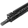 Right front view of PWS flash-reducing compensator (FRC), adjustable gas block, MLOK handguard, Picatinny rail sections on MOD2 MK114 AR15 upper