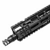 Right front view of PWS 2-port FRC flash-reducing compensator, MLOK handguard, Picatinny rail sections on MOD2 MK111 AR15 upper