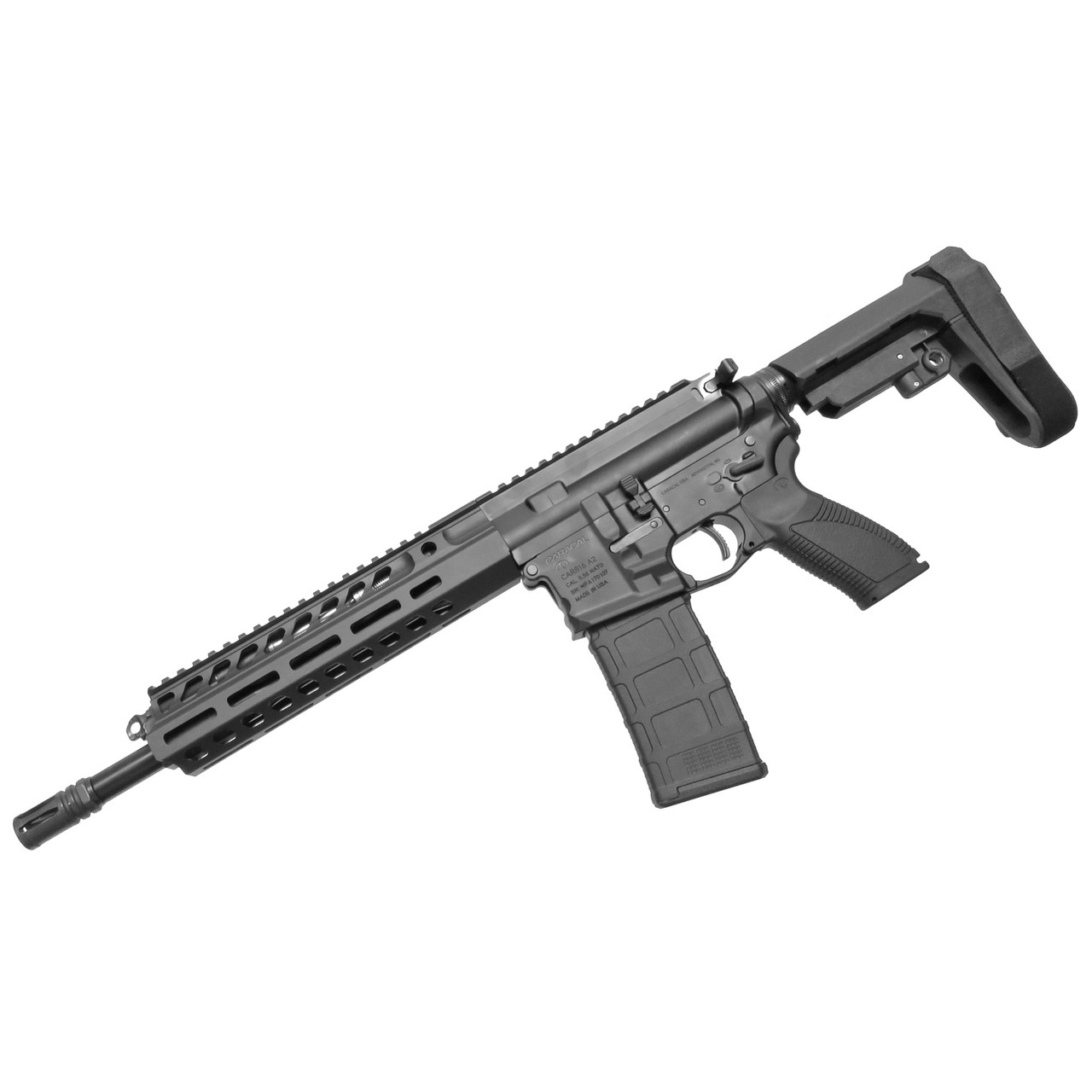 Left view of Caracal CAR816 A2 AR15 pistol with 11.5 inch barrel, short-stroke piston operating system, adjustable gas block, MLOK handguard and SBA3 brace.