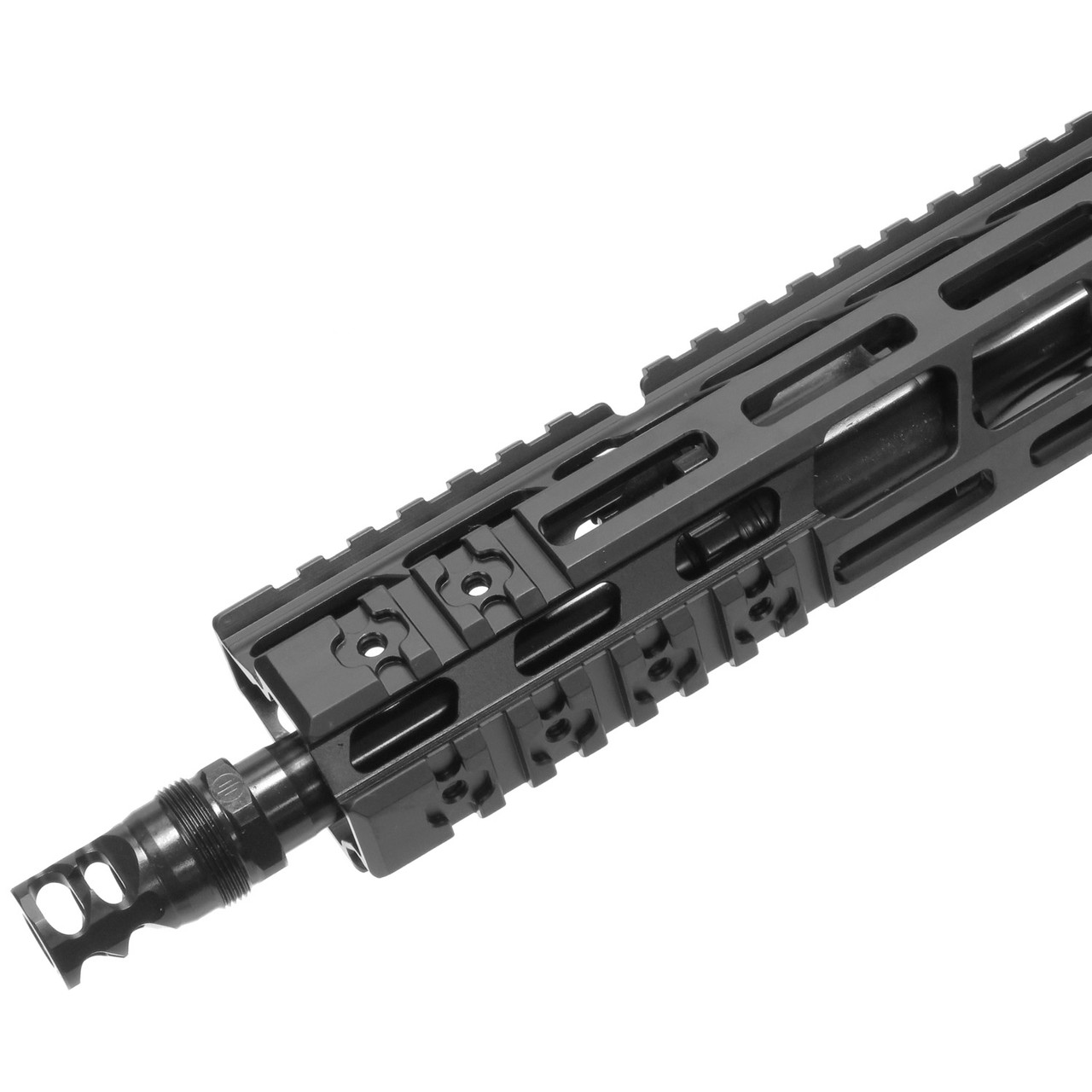 Right front view of PWS 2-port FRC flash-reducing compensator, MLOK handguard, Picatinny rail sections on MOD2 MK116 AR15 upper
