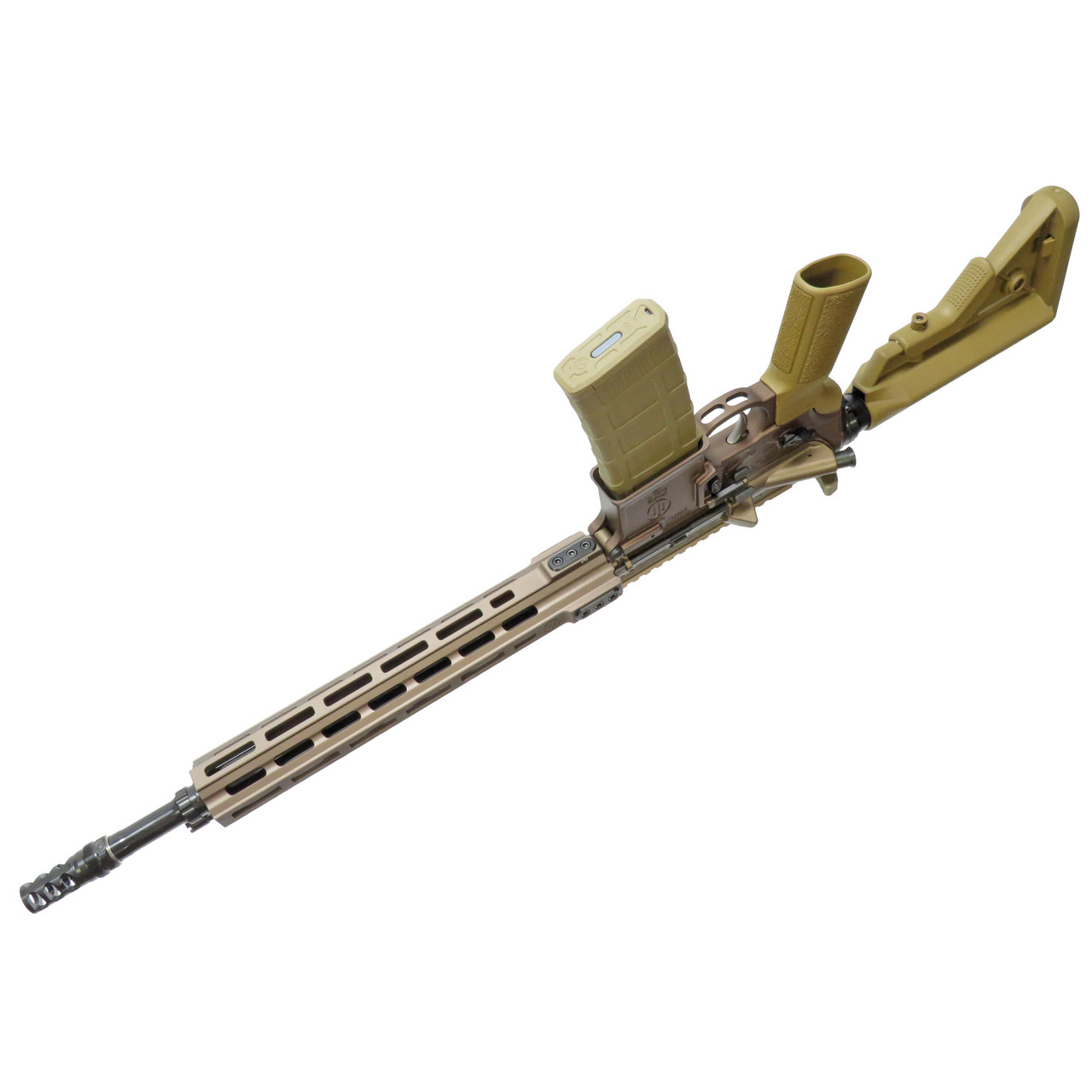 Bottom view MK114 Alpha rifle with 14.5 inch barrel, pinned/welded silencer mount, MLOK handguard, Kodiak Brown anodize Primary Weapons