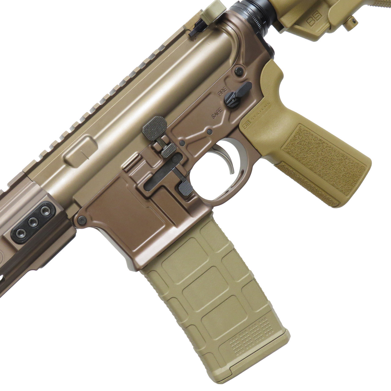 Side view of receiver, ambidextrous lower and trigger on PWS MK114 Alpha Kodiak Brown AR15 rifle