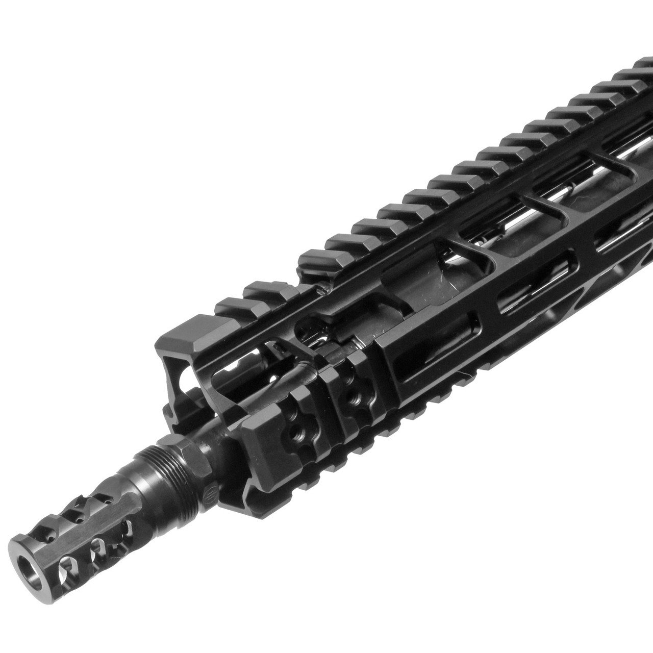 Right front view of PWS flash-reducing compensator (FRC), adjustable gas block, MLOK handguard, Picatinny rail sections on MOD2 MK114 AR15 upper