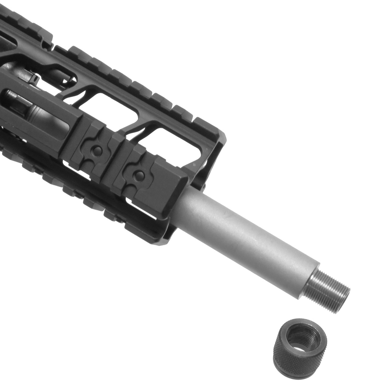Right view of stainless steel barrel, thread protector, adjustable gas block, MLOK handguard and Picatinny rail sections on PWS MOD2 MK118 AR15 upper
