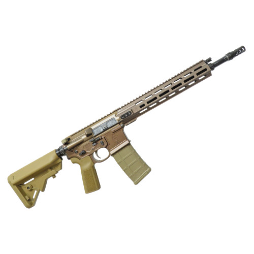 Complete view MK114 Alpha rifle with 14.5 inch barrel, pinned/welded silencer mount, MLOK handguard, Kodiak Brown anodize Primary Weapons