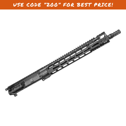 Complete view of Primary Weapons MOD2 MK114 upper receiver with 14.5 inch barrel, pinned/welded silencer mount, MLOK handguard, front Picatinny front rail sections
