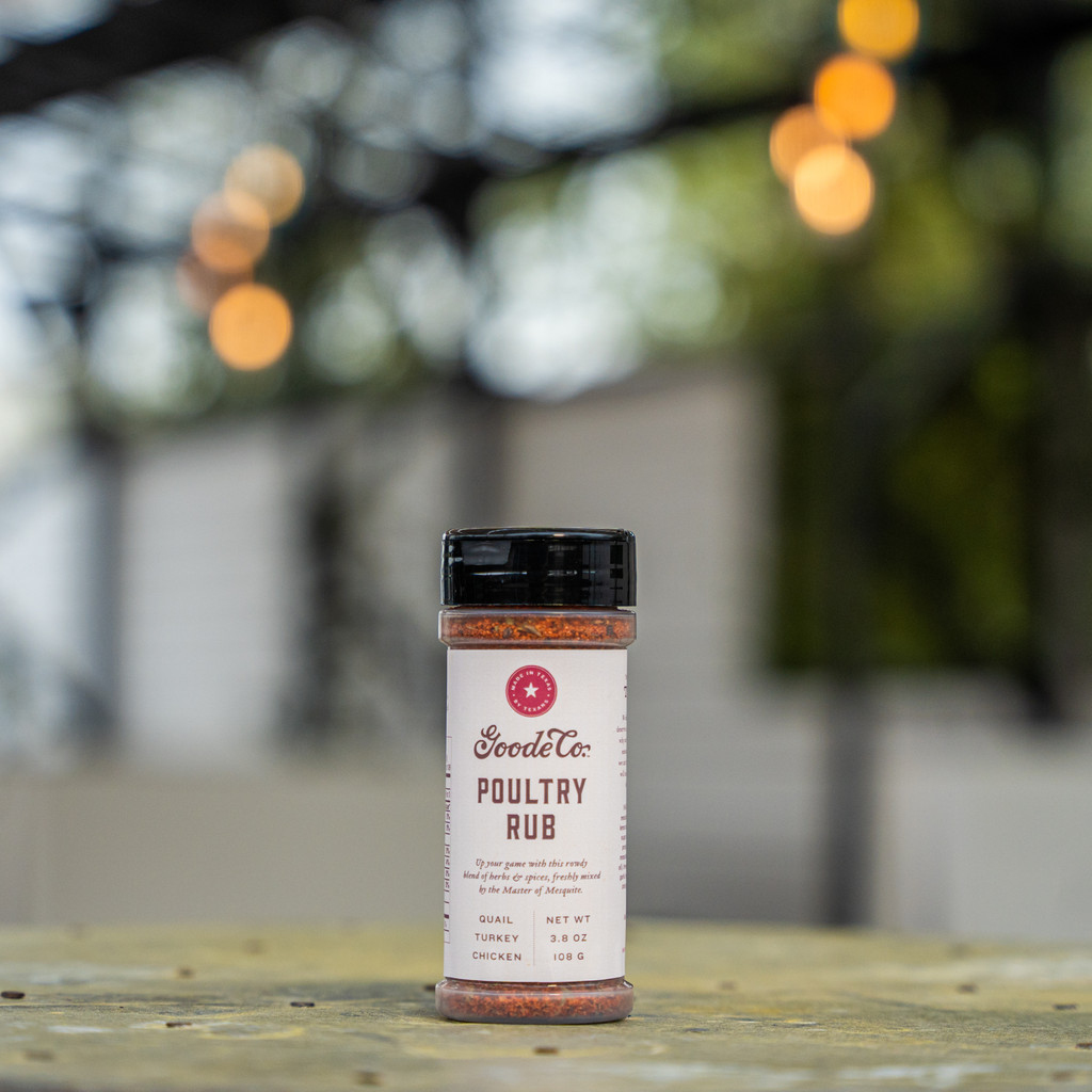 A bottle of Goode Co.'s Poultry Rub, a dry seasoning for barbecuing chicken, quail, or turkey.